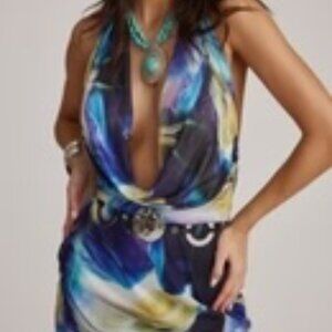 NWT | 12th Tribe Blue and Yellow Asymmetrical Mini Dress, Size S